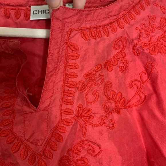 Chicos 100% Silk Bohemian Embroidered Puff Sleeve Blouse Pink Size 1 *Flawed* - Picture 14 of 16